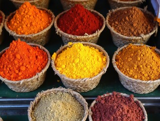 Colorful spices displayed in woven baskets at a market stall