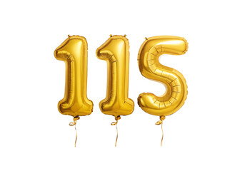 115 Number Shiny Gold Balloon, Celebratory Foil Balloon Decoration. isolated on transparent background, Helium balloons font.