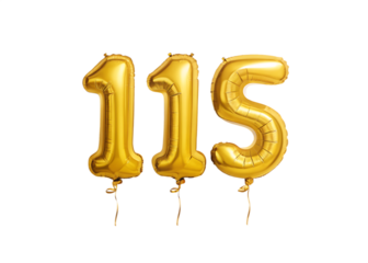 115 Number Shiny Gold Balloon, Celebratory Foil Balloon Decoration. isolated on transparent background, Helium balloons font.