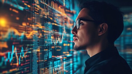 Businessperson with Concentration Facing Digital Financial Dashboard