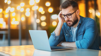 Thoughtful man with laptop analyzing loan repayment plans at a desk in a quiet study environment