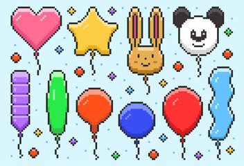 Balloons of Different Shapes and Colors in Pixel Art. Vector Illustration