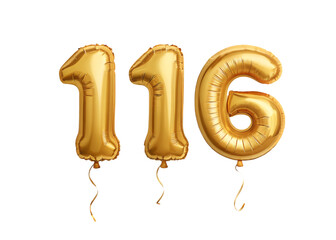 116 Number Shiny Gold Balloon, Celebratory Foil Balloon Decoration. isolated on transparent background, Helium balloons font.
