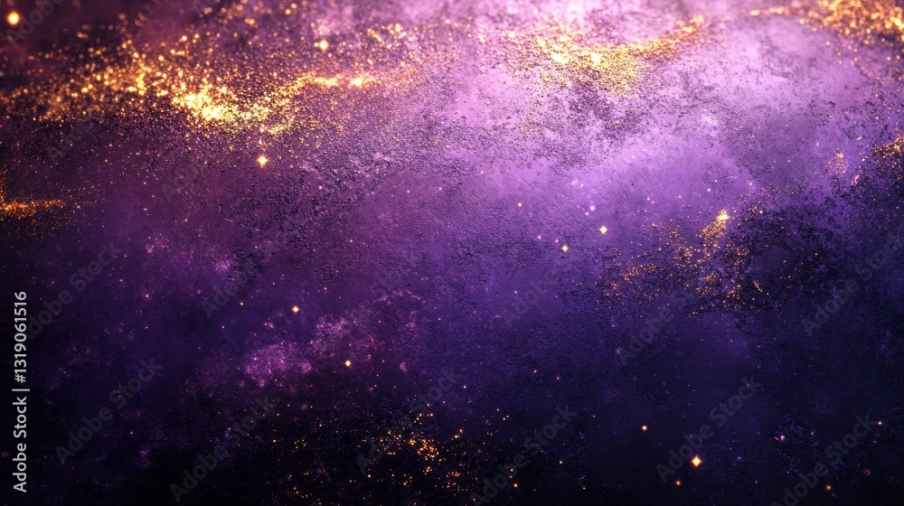 Poster a mesmerizing cosmic display captivates with swirling shades of purple and gold, as shimmering stard
