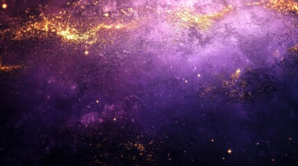 Fototapeta premium A mesmerizing cosmic display captivates with swirling shades of purple and gold, as shimmering stardust twinkles against a vast, ethereal backdrop of the universe