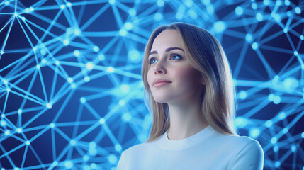 Tech-savvy woman posing against a blue background while studying blockchain technology with an inquisitive look