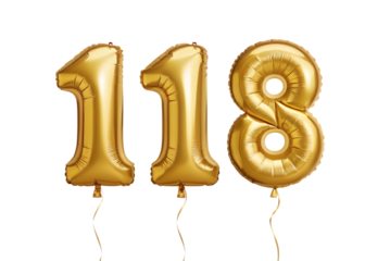 118 Number Shiny Gold Balloon, Celebratory Foil Balloon Decoration. isolated on transparent background, Helium balloons font.