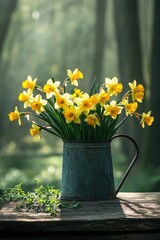 Fototapeta premium rustic watering can overflowing with vibrant yellow daffodils