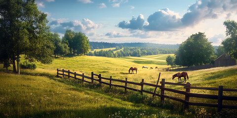 Fototapeta premium Peaceful Countryside Landscape with a Wooden Fence for Rustic Charm, Farm Life, or Nature Photography