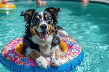 Australian Shepherd dog relaxing on a floatie at a backyard pool party, wearing a donut-shaped inflatable ring