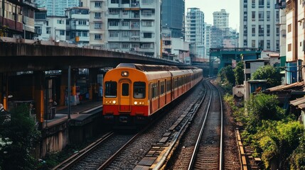 Fototapeta premium Commuter train passing through a dense urban cityscape.