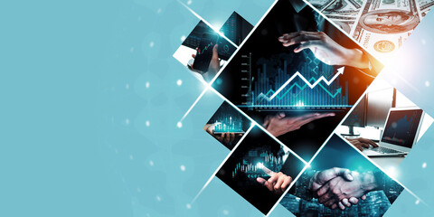 Futuristic business digital financial data technology concept for future big data analytic and business intelligence research for businessman analyst invest decisions making panoramic banner kudos