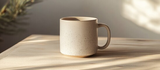 Beige speckled mug on wooden table in sunlight.