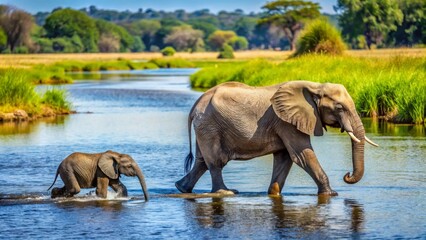 Fototapeta premium A mother elephant and her young calf gracefully wade through a tranquil river, their journey a testament to the serene beauty of the African wilderness.