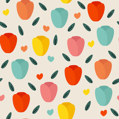 Colorful Tulip Pattern with Hearts and Leaves - Vector Design