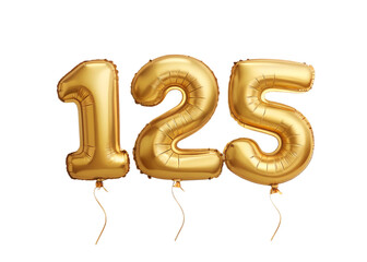 125 Number Shiny Gold Balloon, Celebratory Foil Balloon Decoration. isolated on transparent background, Helium balloons font.