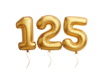 125 Number Shiny Gold Balloon, Celebratory Foil Balloon Decoration. isolated on transparent background, Helium balloons font.