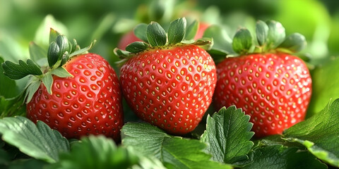 Fresh ripe strawberries in green foliage &ndash; organic and natural food concept