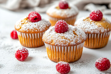 Raspberry muffins with powdered sugar, on a white background