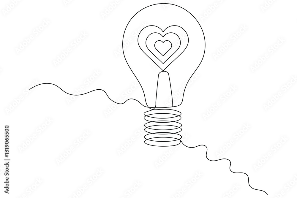 Wall mural continuous one simple single line art of light bulb with heart icon outline vector