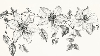 Fototapeta premium Charming Hand - Drawn Clematis Floral Illustration: A Delicate Artwork