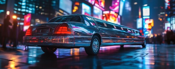 A luxurious limousine driving through the vibrant illuminated city streets