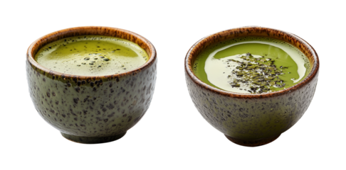 Vibrant green matcha tea in ceramic cups, showcasing rich colors and textures