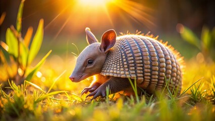 A young armadillo basking in the golden hour sunlight, its shell gleaming, amidst vibrant green...