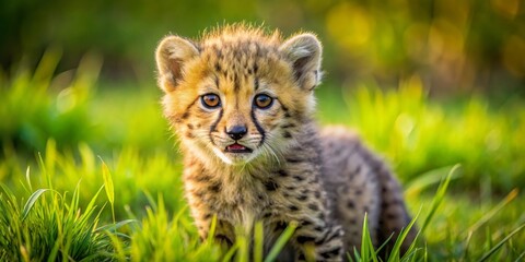 Obraz premium A Young Cheetah Cub's Curious Gaze Amidst Vibrant Green Grass, Bathed in Golden Sunlight