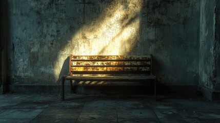 A worn wooden bench sits in a dimly lit room, with sunlight streaming in from the top left corner.