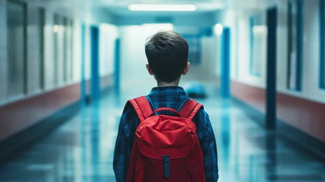 A child boy with a red backpack walks alone down a quiet school corridor while wearing a blue checkered shirt