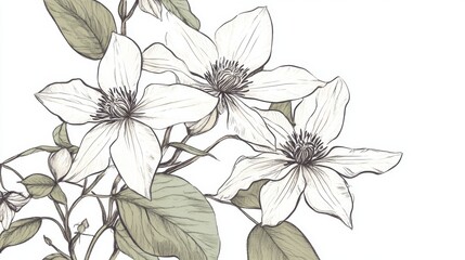 Fototapeta premium Charming Hand - Drawn Clematis Floral Illustration: A Delicate Artwork