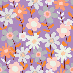 Seamless botanical pattern with abstract flowers on lilac background, Flat vector illustration