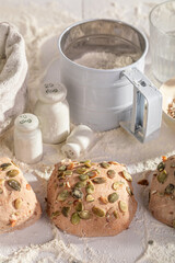 Nutritious pumpkin seed rolls, a great start to the day.