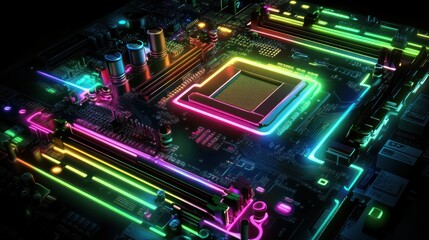 Obraz premium Vibrant RGB illuminated motherboard closeup.