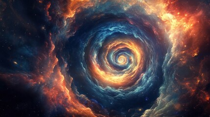 Cosmic swirl nebula, fiery orange and blue gas clouds spiral into bright center.
