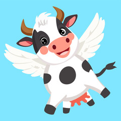 Naklejka premium Cartoon of a cute flying cow on a blue background. Vector illustration of a happy animal with wings in the air and isolated on a sky backdrop for a dairy or milk concept