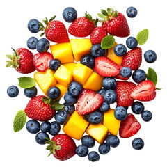 Fresh Strawberries Blueberries and Mango Chunks in Bowl Isolated on Transparent Background