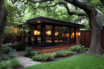 Naklejka premium Cozy wooden cottage with large windows in lush green forest under sprawling tree branches eco friendly architectural retreat with warm lighting