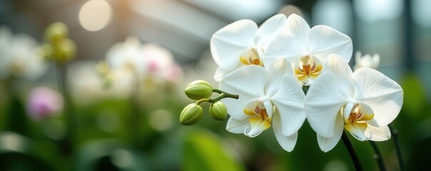 Obraz premium Close-up of pristine white moth orchids blooming in a greenhouse Ample copy space , botany, greenhouse