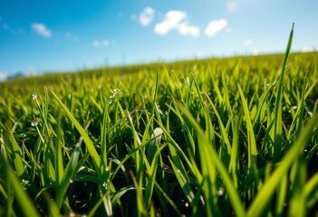 Obraz premium Close-up view of vibrant green grass blades glistening with morning dew under a clear sky, showcasing the beauty of nature's details.