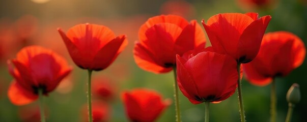 Fototapeta premium Close-up of several red poppies, delicate petals unfurling , petals, background