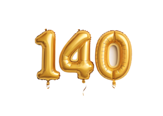 140 Number Shiny Gold Balloon, Celebratory Foil Balloon Decoration. isolated on transparent background, Helium balloons font.