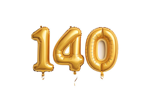 140 Number Shiny Gold Balloon, Celebratory Foil Balloon Decoration. isolated on transparent background, Helium balloons font.