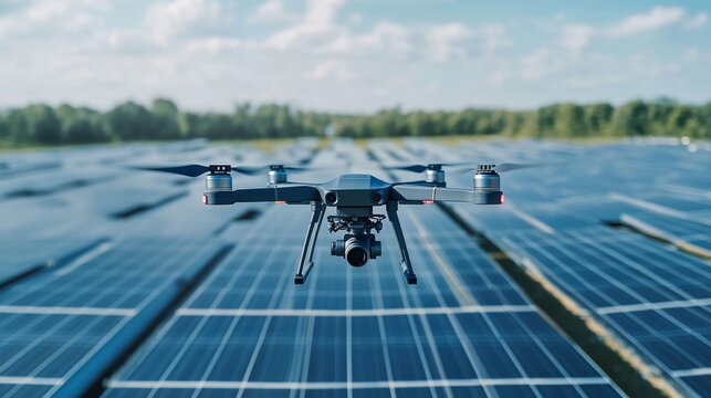 Drone Performing Thermal Imaging Inspection Over Solar Panels