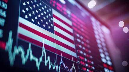 Dynamic stock market display with American flag and financial data visualization.