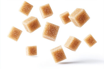 Floating brown sugar cubes in a white background, highlighting sweetness and texture. isolated on white background.