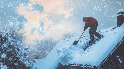 Man Shoveling Snow from Roof During Winter Storm at Sunrise Hours