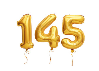 145 Number Shiny Gold Balloon, Celebratory Foil Balloon Decoration. isolated on transparent background, Helium balloons font.