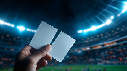 Hand Holding Blank Tickets at a Bright Stadium During an Event